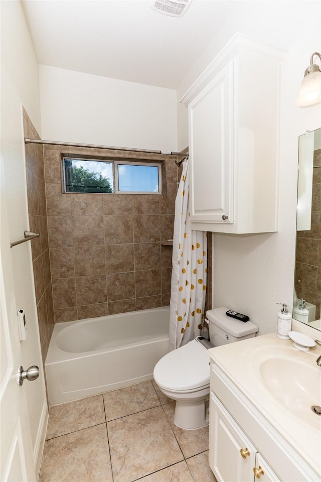 6925 Mercy Rd, Frisco, TX 75035 - bathroom with shower / bath combo, vanity, tile patterned floors, and toilet
