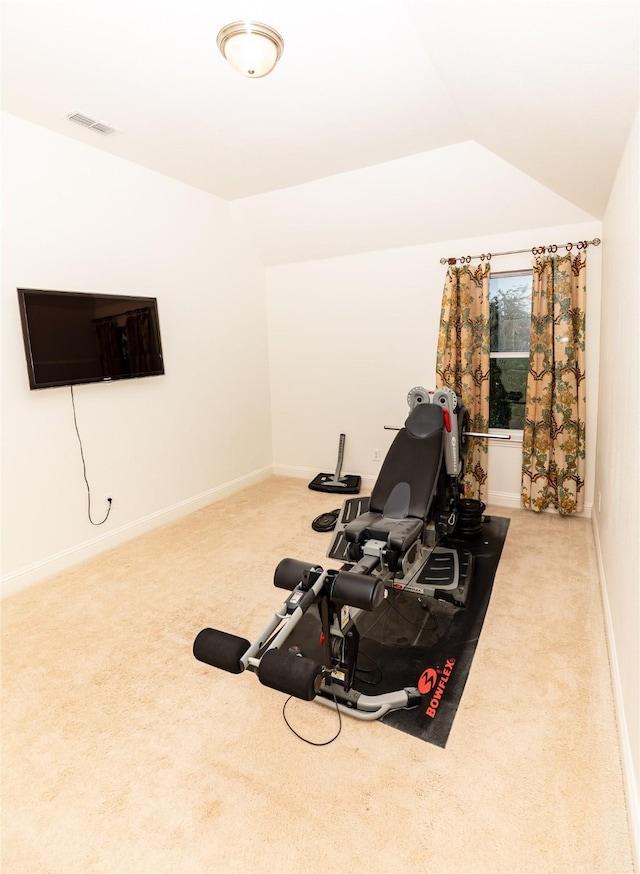 6925 Mercy Rd, Frisco, TX 75035 - exercise room featuring carpet flooring, baseboards, and vaulted ceiling
