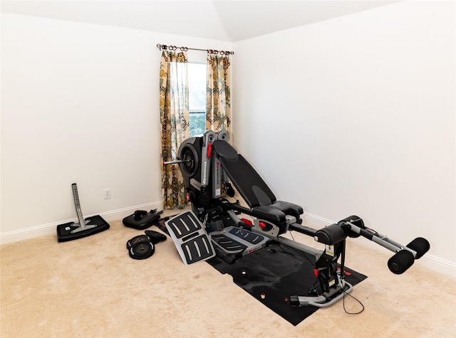 6925 Mercy Rd, Frisco, TX 75035 - workout room featuring baseboards, carpet, and vaulted ceiling