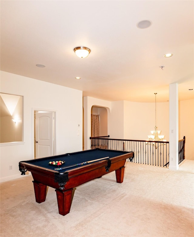 6925 Mercy Rd, Frisco, TX 75035 - playroom with carpet floors, a chandelier, arched walkways, pool table, and recessed lighting