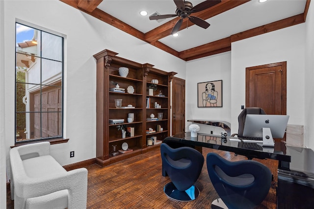 10388 Tobias Ln, Frisco, TX 75033 - home office featuring beam ceiling, ceiling fan, dark wood-style flooring, recessed lighting, and baseboards