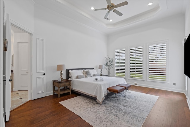 10388 Tobias Ln, Frisco, TX 75033 - bedroom with dark wood-style floors, recessed lighting, baseboards, ceiling fan, and crown molding