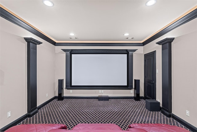 10388 Tobias Ln, Frisco, TX 75033 - home theater room featuring decorative columns, baseboards, carpet, ornamental molding, and recessed lighting