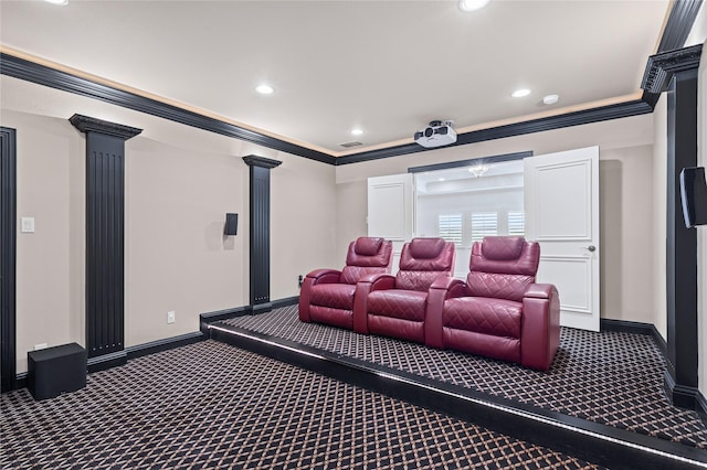 10388 Tobias Ln, Frisco, TX 75033 - carpeted home theater featuring baseboards, recessed lighting, and crown molding