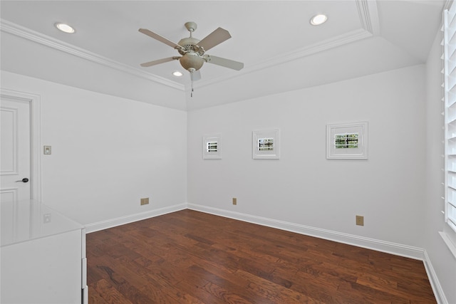 10388 Tobias Ln, Frisco, TX 75033 - empty room featuring ceiling fan, recessed lighting, dark wood-type flooring, baseboards, and ornamental molding