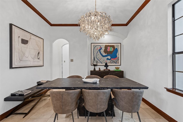 10388 Tobias Ln, Frisco, TX 75033 - dining space with arched walkways, a chandelier, crown molding, light tile patterned floors, and baseboards