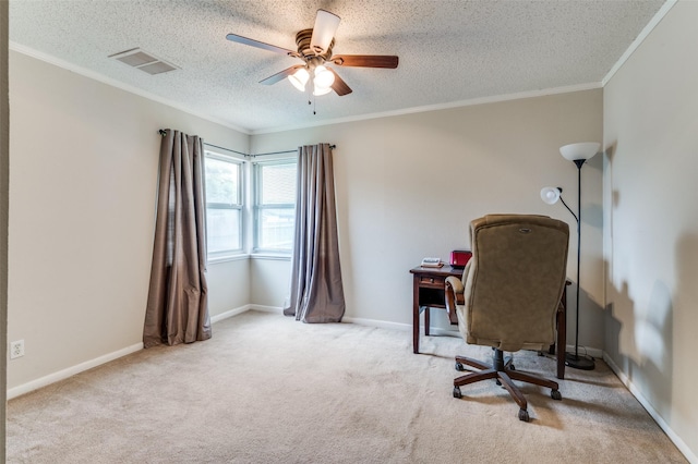 3601 Scranton Dr, Richland Hills, TX 76118 - carpeted office space featuring a textured ceiling, ornamental molding, a ceiling fan, and baseboards