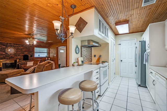 3601 Scranton Dr, Richland Hills, TX 76118 - kitchen with white appliances, wooden ceiling, light tile patterned flooring, ceiling fan, and wall chimney exhaust hood