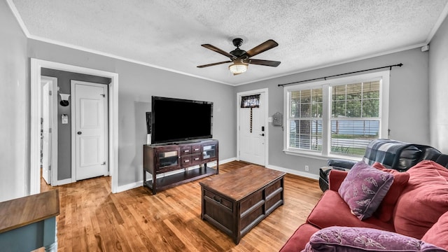 1007 SE 24th St, Mineral Wells, TX 76067 - living area featuring a textured ceiling, a ceiling fan, light wood finished floors, baseboards, and crown molding