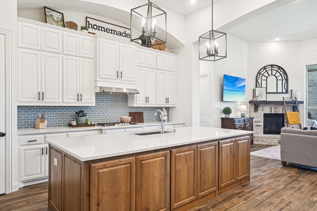 2816 Middleton Dr, Melissa, TX 75454 - kitchen featuring a sink, dark wood finished floors, light countertops, decorative backsplash, and white cabinetry