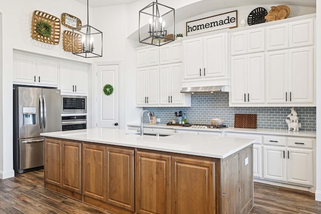 2816 Middleton Dr, Melissa, TX 75454 - kitchen with stainless steel appliances, under cabinet range hood, dark wood finished floors, light countertops, and a kitchen island with sink
