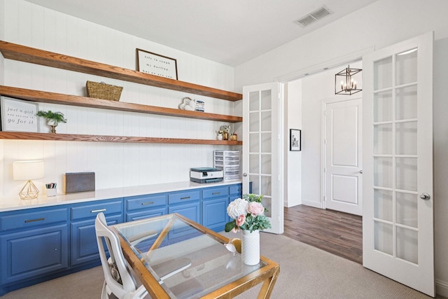 2816 Middleton Dr, Melissa, TX 75454 - office featuring french doors, carpet flooring, and a chandelier