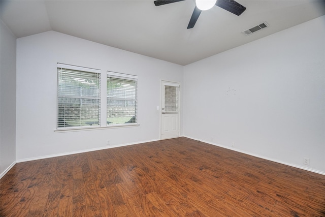 3901 Luck Hole Dr, Denton, TX 76210 - empty room featuring ceiling fan, wood finished floors, lofted ceiling, and baseboards