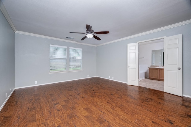 3901 Luck Hole Dr, Denton, TX 76210 - empty room featuring a ceiling fan, crown molding, wood finished floors, and baseboards