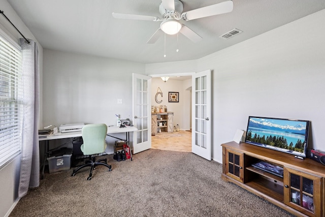 147 Cantle, Waxahachie, TX 75165 - home office with french doors, carpet flooring, and a ceiling fan