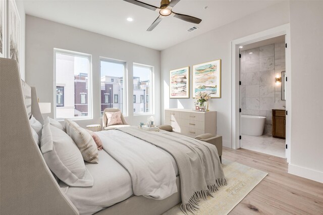 235 E Nash St Unit 124, Grapevine, TX 76051 - bedroom with light wood-style flooring, recessed lighting, connected bathroom, a ceiling fan, and baseboards
