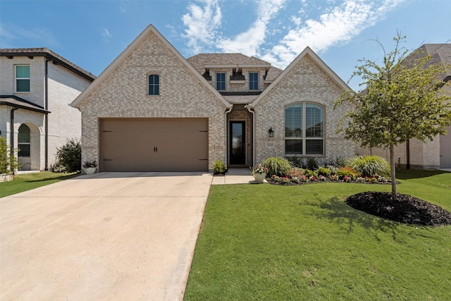 1124 Firecracker Dr, Justin, TX 76247 - french country style house with concrete driveway, brick siding, a front lawn, a shingled roof, and an attached garage