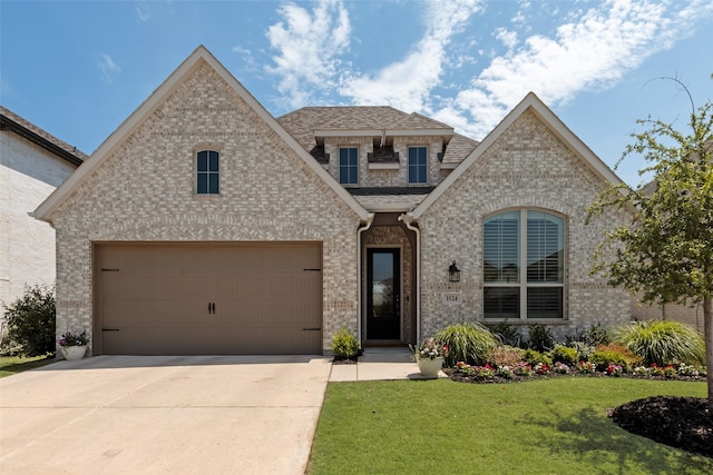 1124 Firecracker Dr, Justin, TX 76247 - french country inspired facade featuring driveway, a front lawn, brick siding, and roof with shingles