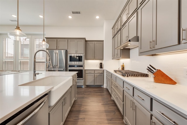 1124 Firecracker Dr, Justin, TX 76247 - kitchen with appliances with stainless steel finishes, under cabinet range hood, gray cabinetry, decorative backsplash, and hanging light fixtures