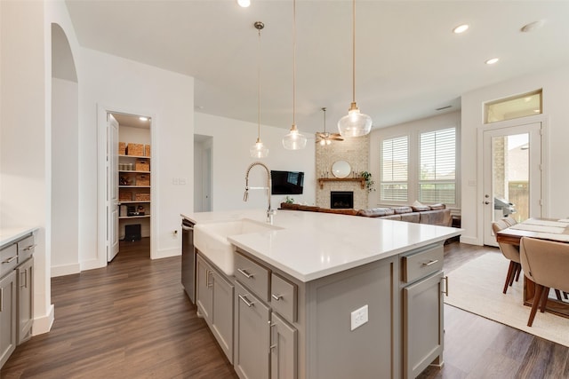 1124 Firecracker Dr, Justin, TX 76247 - kitchen with gray cabinets, a sink, a fireplace, open floor plan, and recessed lighting