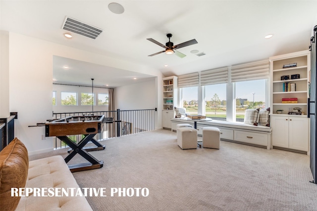 2233 Lakelet Dr, Mckinney, TX 75071 - rec room featuring light colored carpet, ceiling fan, and recessed lighting
