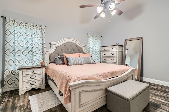 11741 Buckthorn Dr, Fort Worth, TX 76108 - bedroom with dark wood-style floors, baseboards, ceiling fan, and lofted ceiling