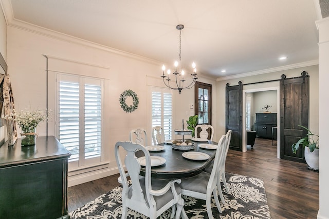 200 Sabine Creek Rd, Royse City, TX 75189 - dining room featuring ornamental molding, plenty of natural light, dark wood finished floors, a chandelier, and a barn door