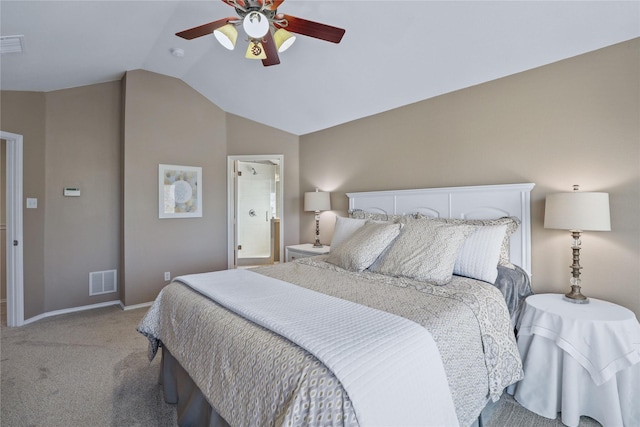 2904 Coventry Ln, Mckinney, TX 75069 - bedroom featuring lofted ceiling, light carpet, baseboards, a ceiling fan, and connected bathroom