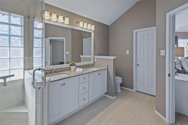 2904 Coventry Ln, Mckinney, TX 75069 - bathroom featuring double vanity, vaulted ceiling, toilet, and baseboards