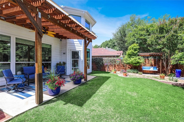 2904 Coventry Ln, Mckinney, TX 75069 - view of yard with a pergola, a patio area, a ceiling fan, and outdoor lounge area