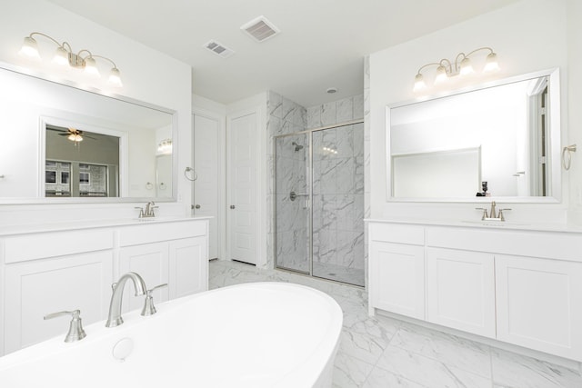 2414 Seth Dr, Midlothian, TX 76065 - bathroom featuring marble look tiles, a marble finish shower, two vanities, a soaking tub, and ceiling fan