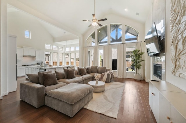 2414 Seth Dr, Midlothian, TX 76065 - living room with a fireplace, a ceiling fan, high vaulted ceiling, and dark wood-style flooring
