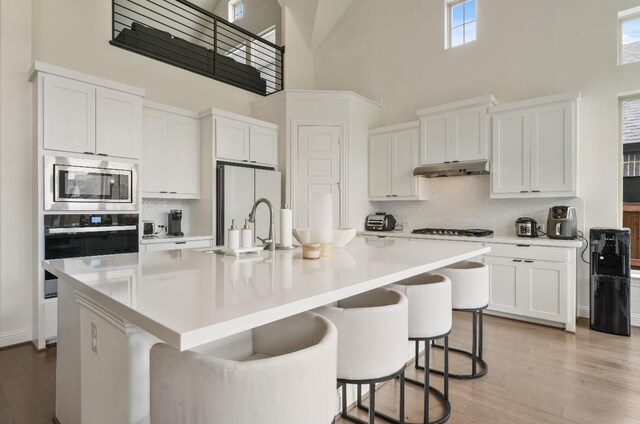 2414 Seth Dr, Midlothian, TX 76065 - kitchen with appliances with stainless steel finishes, a high ceiling, backsplash, light wood-style floors, and a sink
