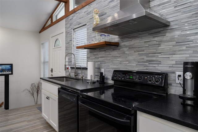 207 Wales Dr, Pottsboro, TX 75076 - kitchen featuring black appliances, wall chimney exhaust hood, a sink, decorative backsplash, and lofted ceiling
