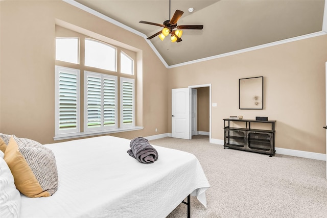 4312 Oxbow Dr, Mckinney, TX 75072 - bedroom featuring ornamental molding, carpet floors, baseboards, high vaulted ceiling, and ceiling fan