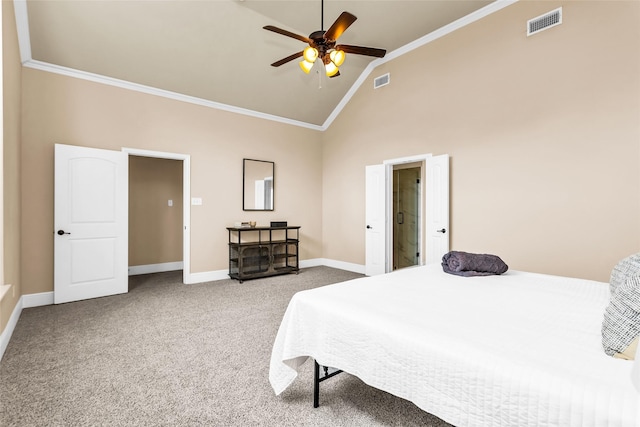 4312 Oxbow Dr, Mckinney, TX 75072 - carpeted bedroom featuring ornamental molding, baseboards, high vaulted ceiling, and ceiling fan