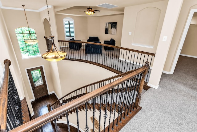 4312 Oxbow Dr, Mckinney, TX 75072 - stairway with baseboards, carpet flooring, arched walkways, and a ceiling fan