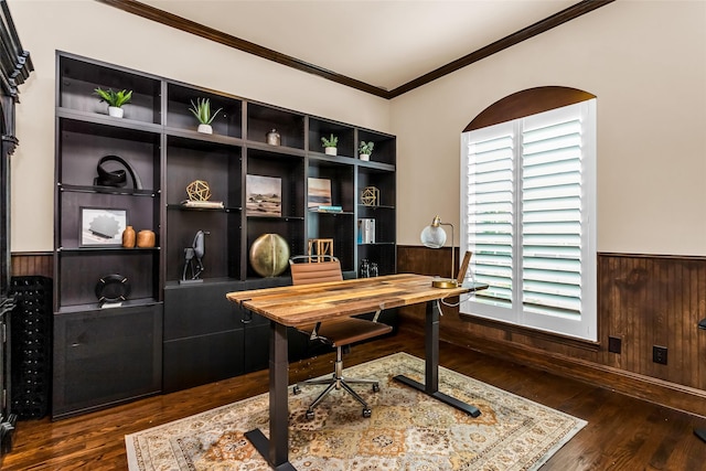 4312 Oxbow Dr, Mckinney, TX 75072 - home office featuring ornamental molding, dark wood-style flooring, wainscoting, and wooden walls