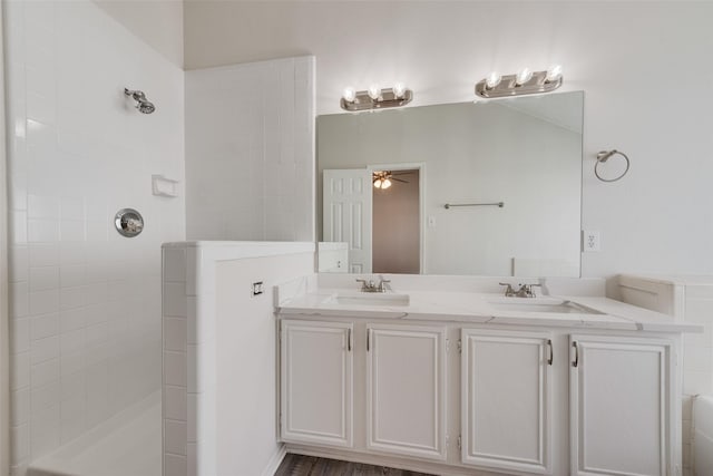 1326 Rosewood Ln, Lancaster, TX 75146 - full bath featuring double vanity, a walk in shower, and ceiling fan
