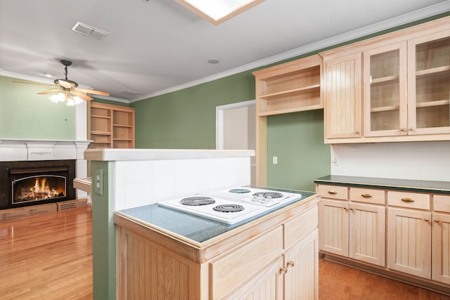 504 Hilltop Pl, Joshua, TX 76058 - kitchen with white electric stovetop, light wood-style floors, crown molding, ceiling fan, and a high end fireplace