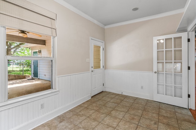 504 Hilltop Pl, Joshua, TX 76058 - empty room with wainscoting, ornamental molding, and a ceiling fan