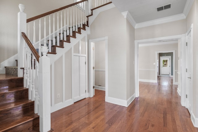 504 Hilltop Pl, Joshua, TX 76058 - stairs with wood finished floors, baseboards, ornamental molding, and a high ceiling