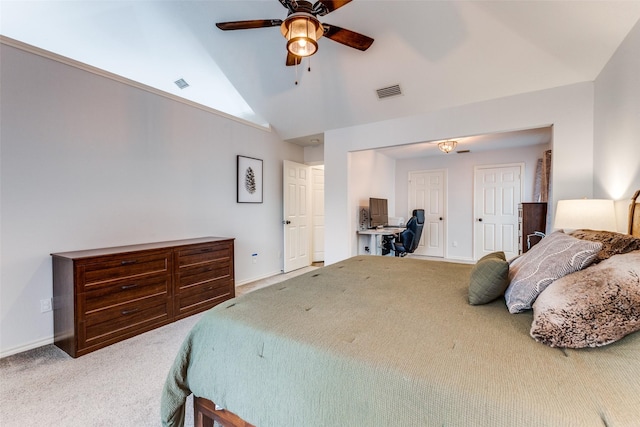 143 Westwood Dr, Rockwall, TX 75032 - carpeted bedroom with an office area, vaulted ceiling, baseboards, and a ceiling fan