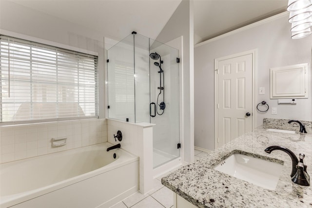 143 Westwood Dr, Rockwall, TX 75032 - full bathroom featuring a stall shower, a garden tub, double vanity, tile patterned floors, and lofted ceiling