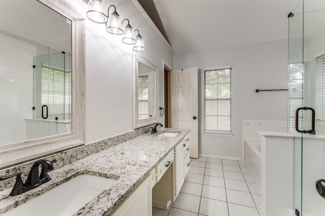 143 Westwood Dr, Rockwall, TX 75032 - bathroom with a bath, a stall shower, tile patterned flooring, and double vanity