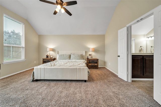 583 Louder Way, Fate, TX 75087 - carpeted bedroom featuring lofted ceiling, baseboards, connected bathroom, and a ceiling fan
