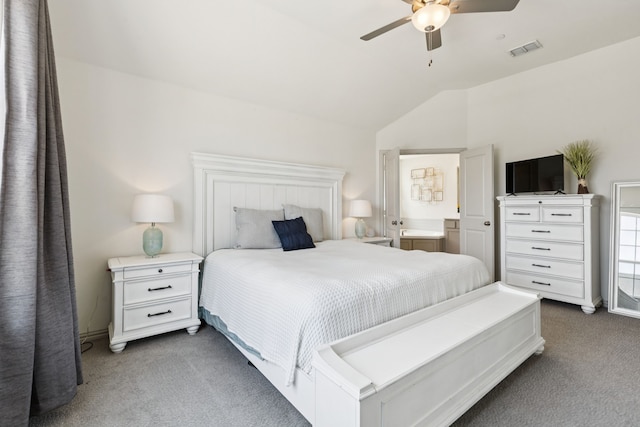 984 Mikaela Dr, Allen, TX 75013 - carpeted bedroom with lofted ceiling, a ceiling fan, and connected bathroom
