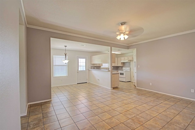 1103 Lynnwood Ct, Cleburne, TX 76033 - unfurnished living room with ceiling fan, ornamental molding, baseboards, and light tile patterned floors