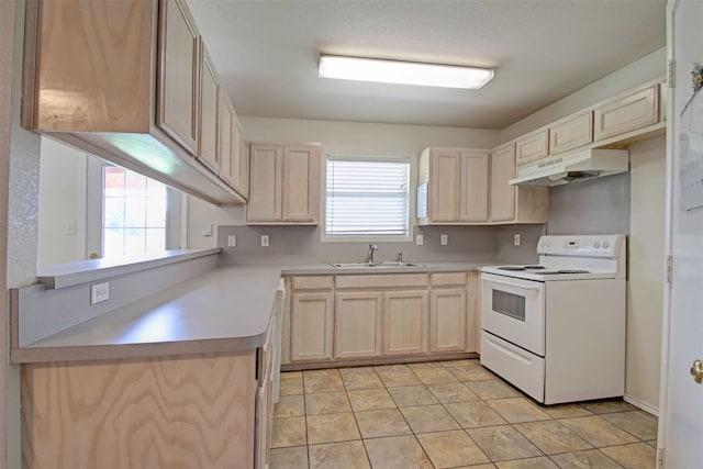 1103 Lynnwood Ct, Cleburne, TX 76033 - kitchen featuring white electric stove, under cabinet range hood, a sink, light countertops, and light tile patterned floors