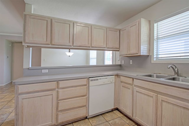 1103 Lynnwood Ct, Cleburne, TX 76033 - kitchen with dishwasher, light brown cabinets, a sink, light tile patterned flooring, and light countertops